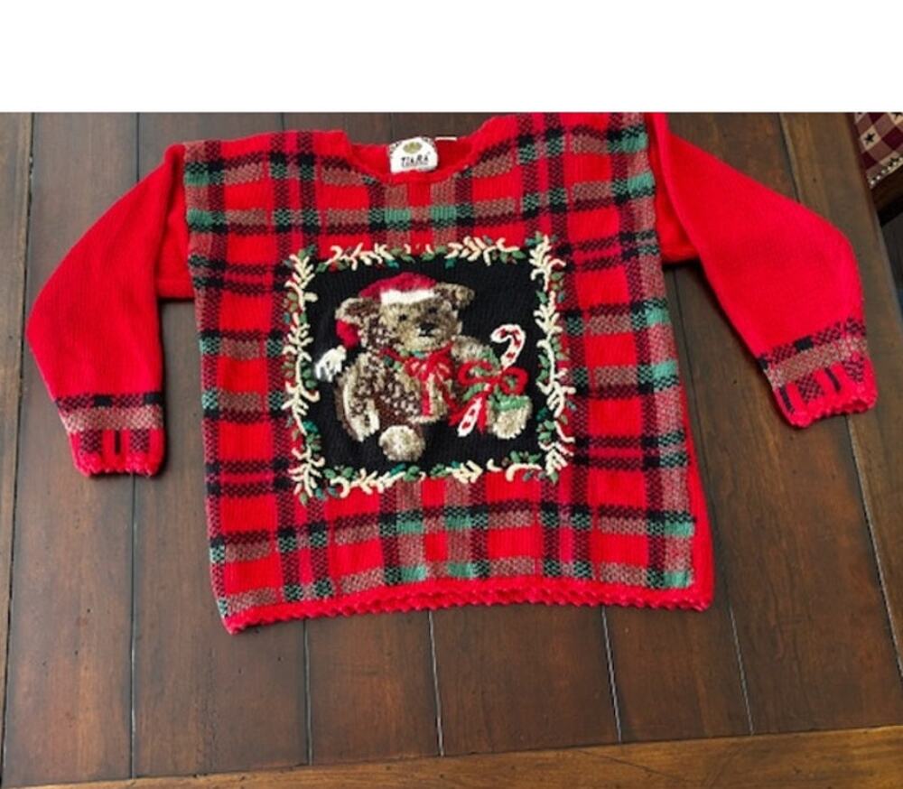 Vintage‎ Tiara Teddy Bear Christmas Sweater Petite XL Red Plaid 90s